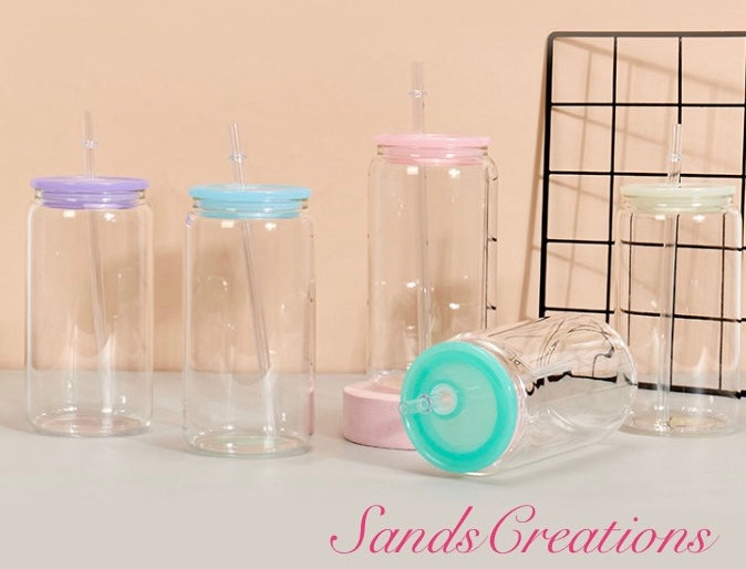 16oz glass tumbler with color plastic lid
