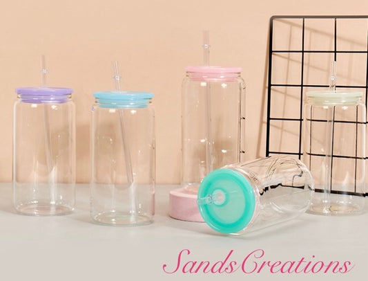 16oz glass tumbler with color plastic lid